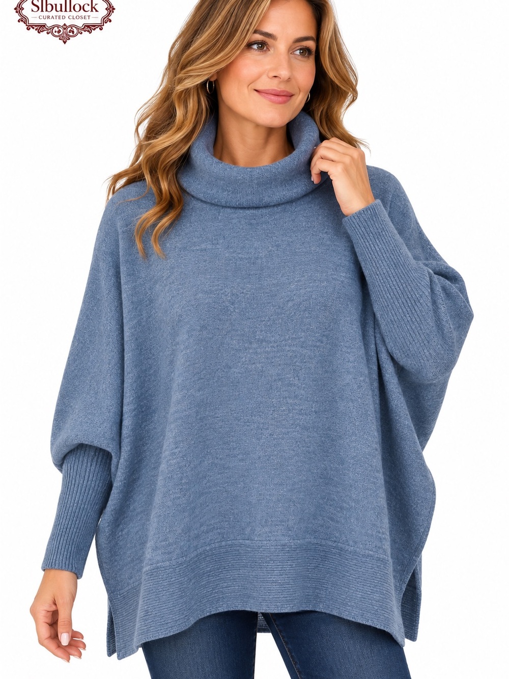 Z23 ZENANA Oversized Blue Cowl Neck Knit Sweater Top Size S/M